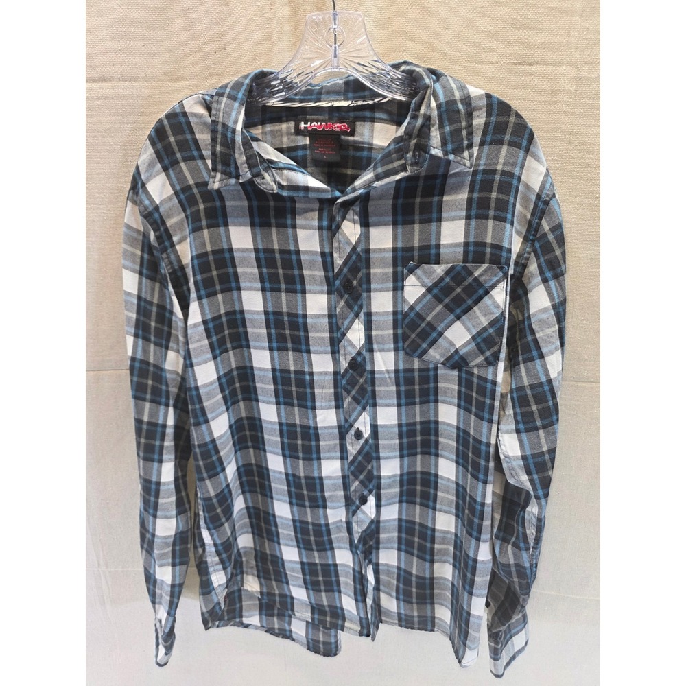 Tony Hawk Mens Blue Black White Plaid Flannel Button Down Shirt Large 2029